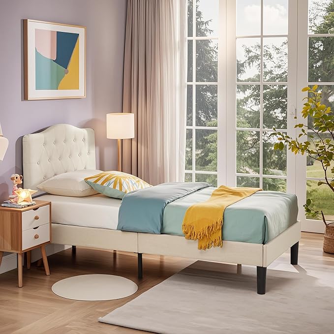 VECELO Twin Size Platform Bed Frame with Fabric Upholstered Headboard and Wooden Slats Support, No Box Spring Needed/Easy Assembly,Beige