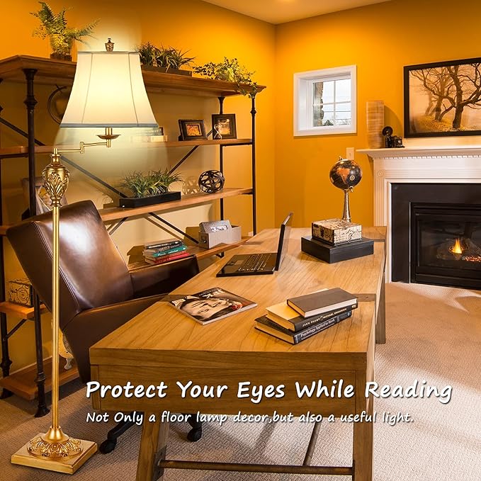 Traditional LED Floor Lamp with 350° Adjustable – Vintage Pole lamp Swing arm for Living Room, Bedroom and Office – Rustic Upright Floor Light for Home Décor with Faux Silk Fabric Shade