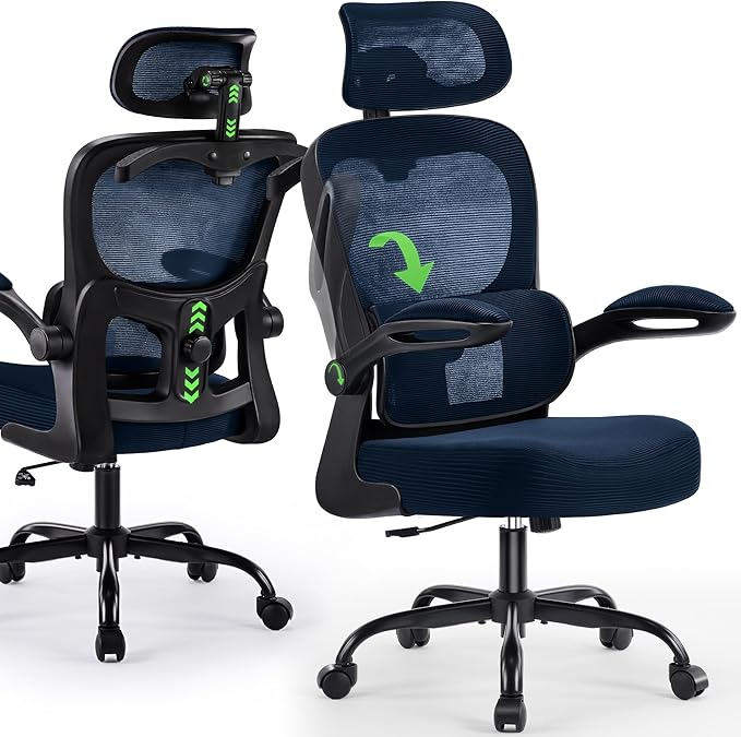 Office Chair Ergonomic Desk Chairs with Adjustable Lumbar Support& Headrest Hanger, High Back Breathable Mesh Chair with Wheels, Rolling Swivel Comfy Task Computer Chair for Home Work Gaming