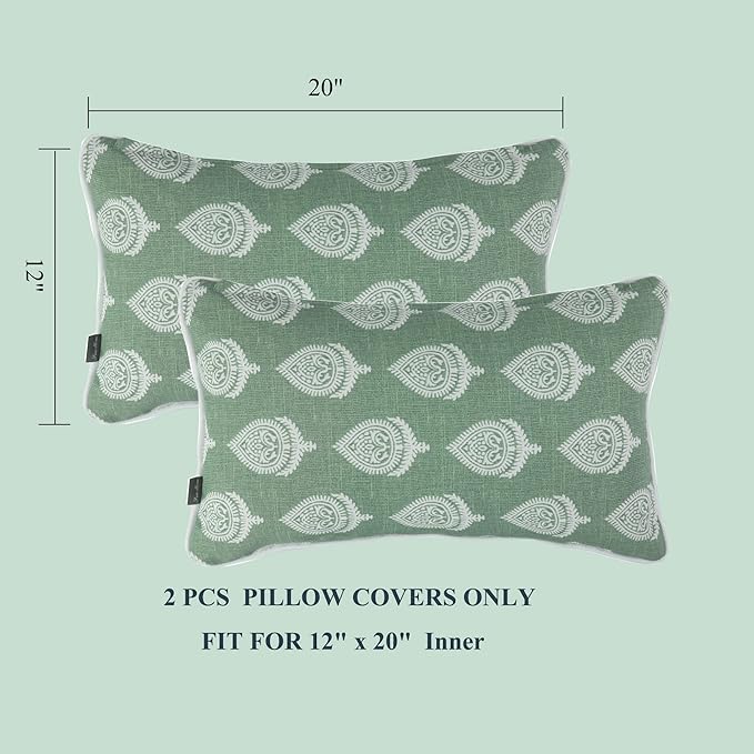 FUNHOME Outdoor Indoor Lumbar Pillow Covers ONLY, Water-Repellent Patio Lumbar Cushion Cases 12” x 20”, Decorative Throw Pillowcase Shell for Couch Patio Garden Furniture Use -Fair Green