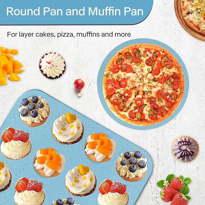 6 Pieces Baking Pans Set Non Stick, Bakeware Sets Stackable, Oven Safe, Steel Baking Set Supplies for Home Baking, Roasting, Easy to Release, Sturdy Bake Gifts for Holiday, Blue