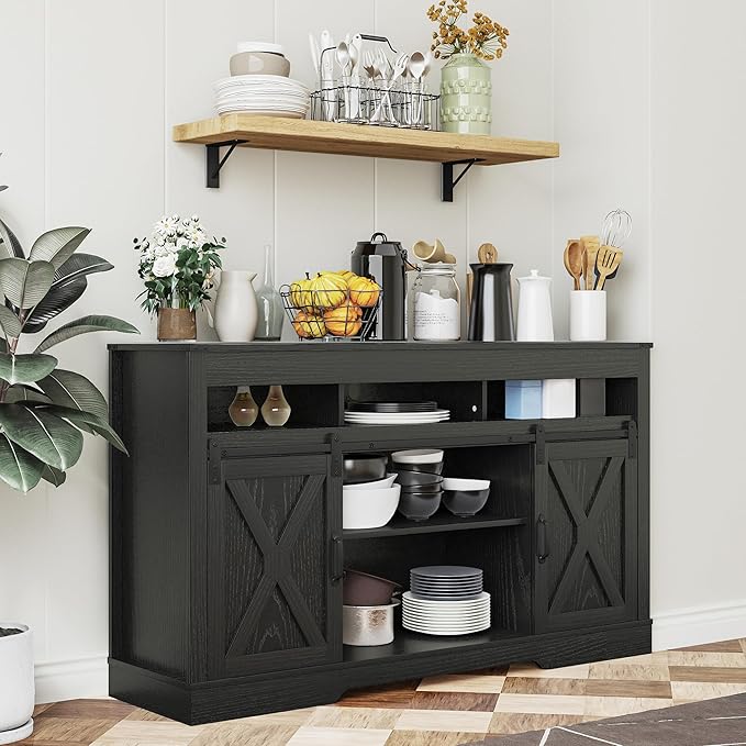 Farmhouse TV Stand for 65+ Inch TV, 34'' Tall Entertainment Center with Sliding Barn Doors, Rustic Wood Media Console Storage Cabinet Television Stand for Living Room, Bedroom (Black)