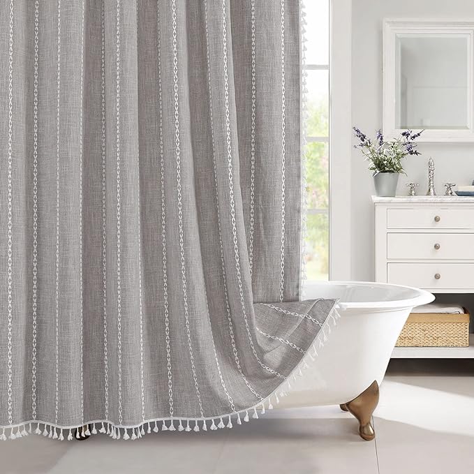 MitoVilla Boho Extra Long Shower Curtain 72 x 84, 84 inch XL Cotton Linen Tassel Fabric Shower Curtains for Vintage Country Farmhouse Bathroom Decor, Thick & Wrinkle Resistant, Brown Grey