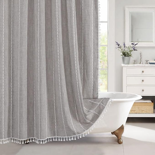 MitoVilla Boho Extra Long Shower Curtain 72 x 84, 84 inch XL Cotton Linen Tassel Fabric Shower Curtains for Vintage Country Farmhouse Bathroom Decor, Thick & Wrinkle Resistant, Brown Grey