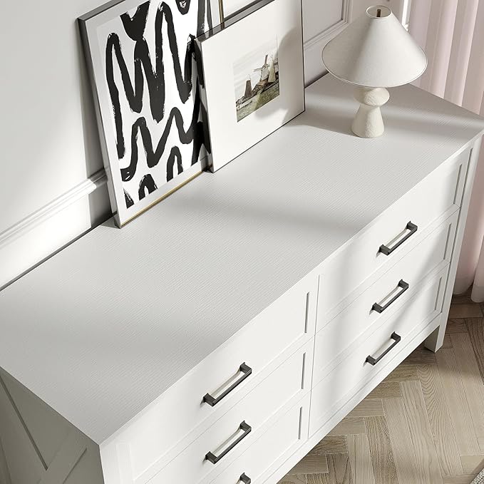 Farmhouse 6 Drawers Dresser for Bedroom, Wood Rustic Wide Chest with Natural Texture, Storage Dressers Organizer for Bedroom, Hallway, Entryway, White