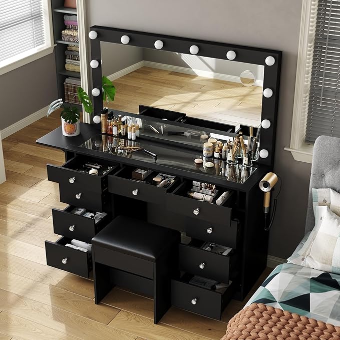 Vanity Desk with Power Outlet, Makeup Vanity with Lighted Mirror, 3 Lighting Modes Adjustable, 9 Drawers Vanity Set with Fold-up Panel, Glass Top, Vanity Table with Chair for Bedroom, Black