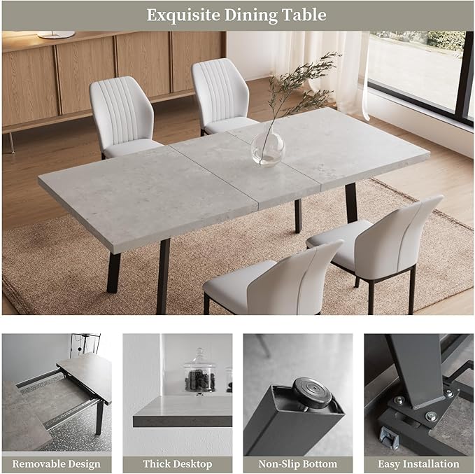 47.2"- 62.9" Extendable Dining Table Set for 6, Modern Kitchen Table with 6 PU Leather Chairs, Thickened Expandable MDF Wooden Table with Metal Legs for Dining Room, Kitchen, Office
