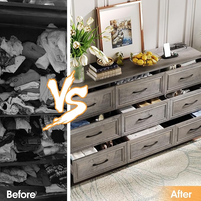 Fameill Dresser for Bedroom, 9 Drawer Wide Dresser Organizer with Charging Station, Tall Dresser for Hallway, Wood Dresser with Metal Handles, Ash Grey