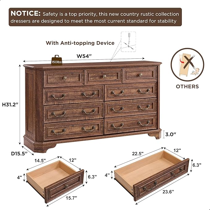 T4TREAM Farmhouse 9 Drawers Dresser for Bedroom, 54" Wide Wood Rustic Chest of Drawers with Natural Texture, Vintage Design, Storage Dressers Organizer for Bedroom, Living Room, Reclaimed Barnwood