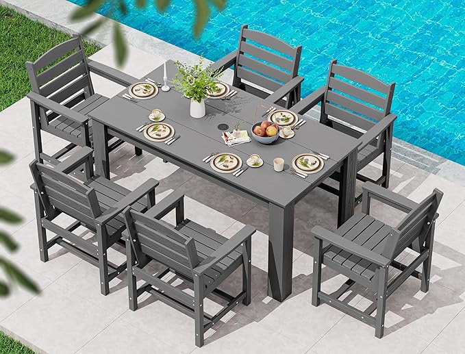 SERWALL Patio Dining Set for 6, Outdoor Dining Sets for 6 Person with 1 Umbrella Hole Cut-Out Rectangular Table and 6 Chairs, HDPE Dining Sets for Garden, Backyard, Poolside, Gray