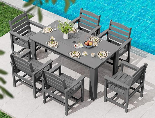 SERWALL Patio Dining Set for 6, Outdoor Dining Sets for 6 Person with 1 Umbrella Hole Cut-Out Rectangular Table and 6 Chairs, HDPE Dining Sets for Garden, Backyard, Poolside, Gray