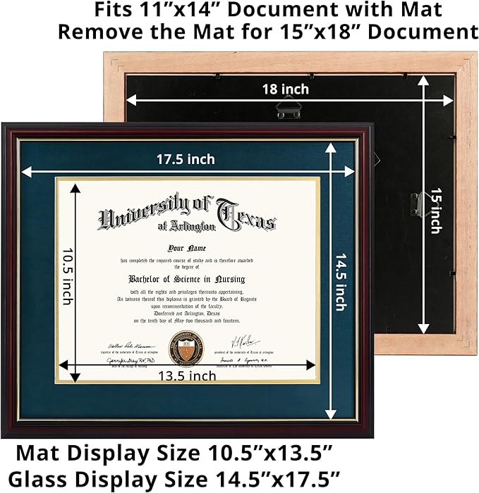 GraduationMall 11x14 Diploma Frame with Navy over Gold Mat or Display 15x18 Certificate without Mat,Solid Wood & UV Protection Acrylic,Cherry Finish with Gold Trim