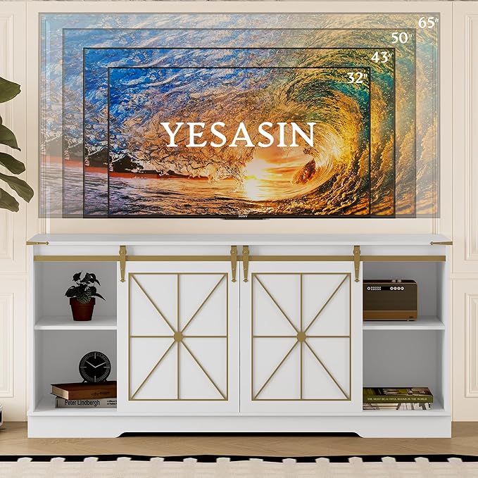 Farmhouse TV Stand for 55 60 65 Inch TV, Mid Century Modern TV Cabinet with Storage and Sliding Barn Doors, Easy Assembly, Entertainment Center Console Table for Bedroom Living Room-White