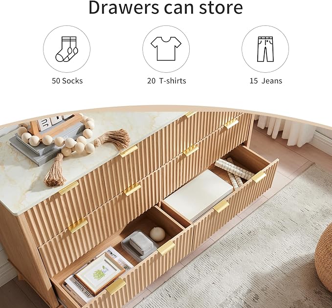 Fluted 6 Drawers Dresser for Bedroom, 55" Wide Modern Chest of Drawers with Metal Handle, Farmhouse Dresser TV Stand, Wood Drawer Organizer for Bedroom, Living Room, Hallway (Natural Oak)