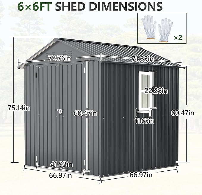 6x6FT Outdoor Storage Shed，Heavy-Duty Metal Storage with Floor Kit, Vents and Clear Window