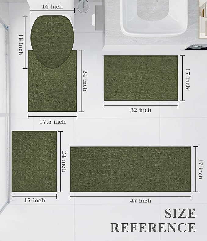 chakme Bathroom Rug Sets 5 Piece, Ultra Thin Bath Mat Quick Dry Bath Mat Set, Absorbent Bath Mat for Bathroom Non Slip Machine Washable, (Dark Green, 5 Piece)