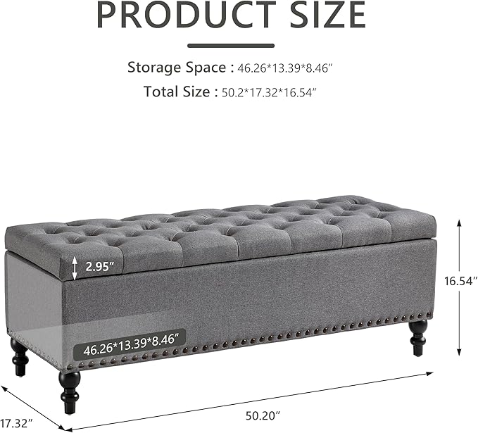 Storage Ottoman 50.2 Inches Upholstered Fabric Storage Ottoman Bench，Button Tufted Ottoman with Storage for Living Room，Bedroom End of Bed Bench Withstands 304lbs
