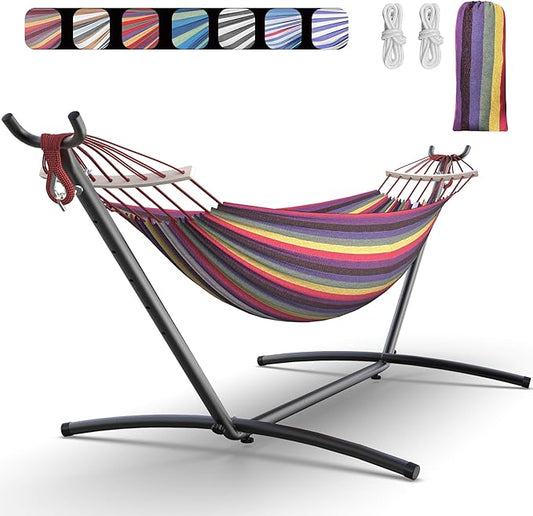 Double Hammock with Heavy-Duty Steel Stand,Portable,Easy Assembly,600lbs Weight Capacity,Perfect for Indoor,Yard,Camping,or Outdoor-Rainbow