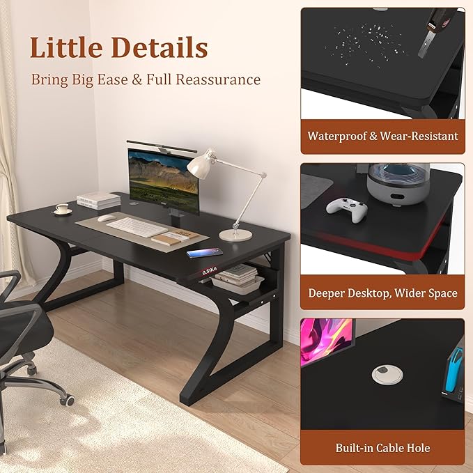 AZN Computer Desk, 55'' Computer Desk, Home Office Desks w/Storage, Home Office Desks w/U-Size Metal Frame for Home Office Bedroom, Study Writing Work Table w/Water-Resistant, Scratchproof Surface