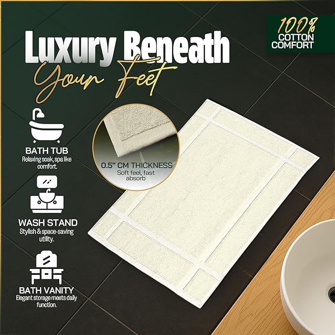 Pearl Linens Pack of 6 100% Cotton Bath Mat 18x25 inches, Soft & Absorbent Quick Dry Bathroom Mat Set, Not Bathroom Rugs, After Shower Mat, Bath Tub Mat, 687 GSM, Machine Washable, Ivory