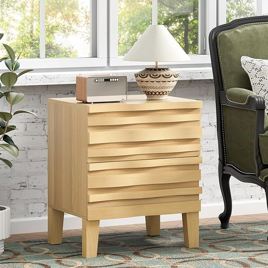 UEV Solid Wood Nightstand, 19.7" W Boho Style Nightstand with 2 Drawers, Fluted Wood Night Stand, Mid Century Modern Bed Side Table for Bedroom,Living Room, Ivory White