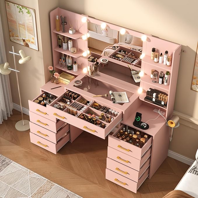 55 in Glass Top Vanity Desk with Mirror and Lights, Large Vanity Makeup Mirror Desk with Charging Station Compartment Storage Drawers, Modern Makeup Vanity with 9 Drawers 6 Shelves, Pink