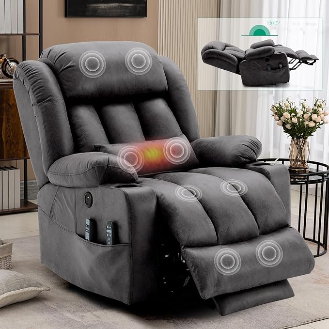 VIVIJASON Tall Man Large Dual Motor Power Lift Recliner Chair with Extended Footrest, Oversized Lay Flat Sleeper Electric Recliner W/Heat & Massage, Lumbar Pillow, USB & Type-C Ports, Gray