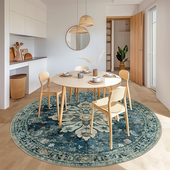 Area Rugs 6ft Washable Non-Slip, Floral Vintage Distress Print Pattern Medallion Carpet for Living Room Bedroom Dining Room, Dark Blue Vintage