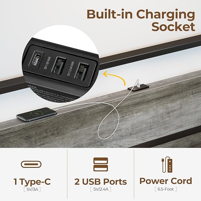 Rolanstar Twin Bed Frames with Headboard, Twin Bed with LED Lights, Camas Twin Size Bed with Charging Station, Solid Metal Slats, Noise Free, No Box Spring Needed, Grey