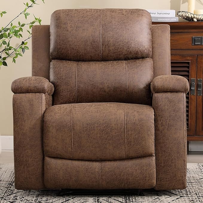 CANMOV Leather Recliner Chair, Classic and Traditional Manual Recliner Chair with Overstuffed Arms and Back, Manual Single Sofa with Concealed Cup Holders,Nut Brown