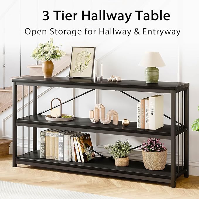 LVB Black Entryway Table, Modern Extra Long Sofa Console Table, Metal Wood Narrow Hallway Table with Storage Shelves, Industrial Skinny Foyer Couch Tables for Living Room Bedroom, Black Oak, 70 Inch