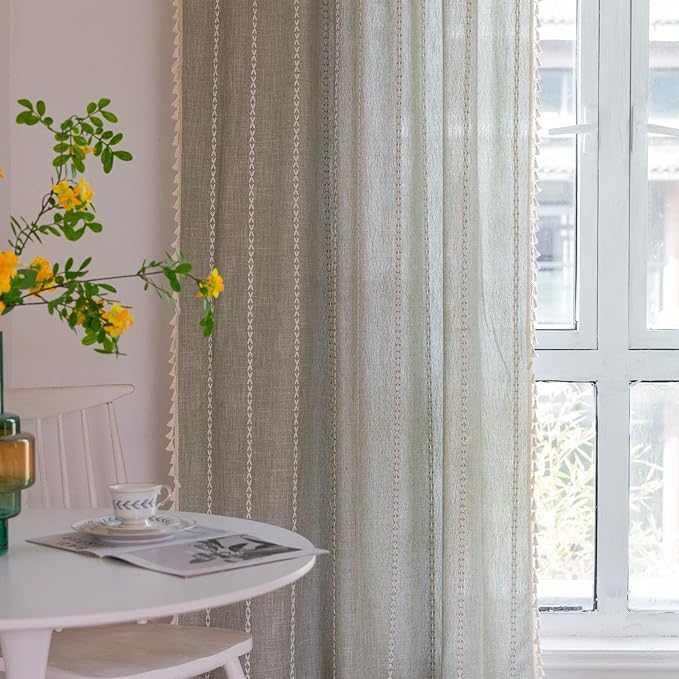 Boho Embroidery Striped Linen Curtains 84 Inches Long 2 Panels for Bedroom - Sage Green Country Farmhouse Bohemian Light Filtering for Living Room (52" W x 84" L)