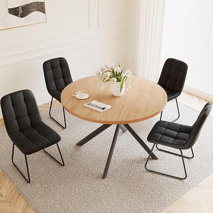 45.3 Inch Round Dining Table Set for 4, Mid Century Modern Small Kitchen Coffee Set for Dining Room Kitchen Apartment (Oak Table + 4 U-Shaped Black Chairs)