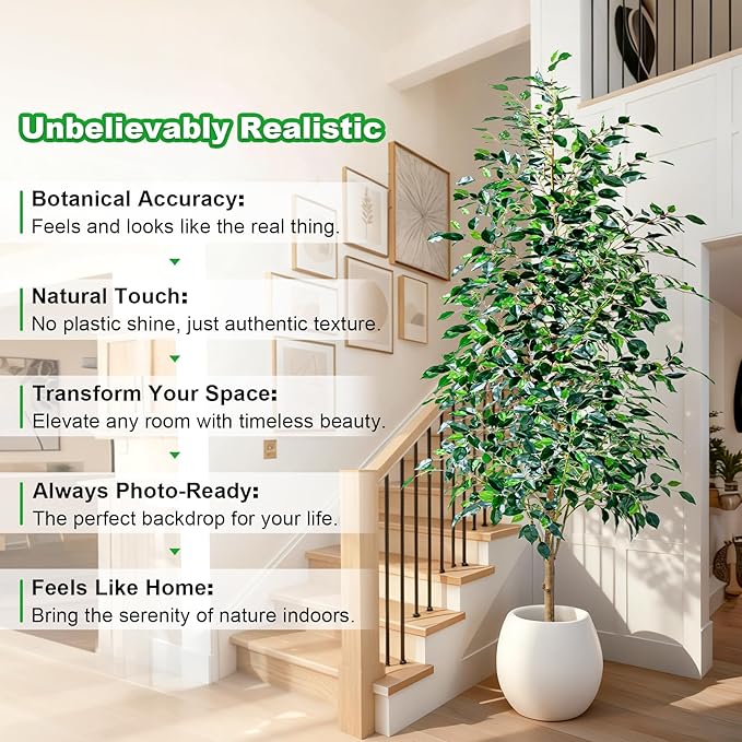8FT Artificial Ficus Trees Indoor Faux Trees Indoor Fake Floor Plants Tall Artificial Tree with White Pot Faux Tree Fake Indoor Tree Silk Plants Artificial Trees for Home Decor Indoor