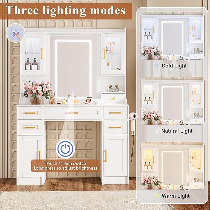 KAMABOKO Vanity Desk with Mirror & LED Lights & Power Outlet, Large Makeup Vanity Table with 6 Drawers and 4 Storage Cabinets, Dressing Table for Bedroom (White)