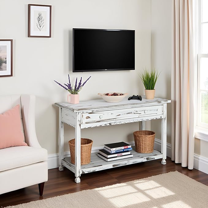 Alaterre Furniture Rustic Country Cottage Console Table with 1 Drawer & 1 Shelf, Distressed Finish - Perfect for Living Room, Entryway, Hallway