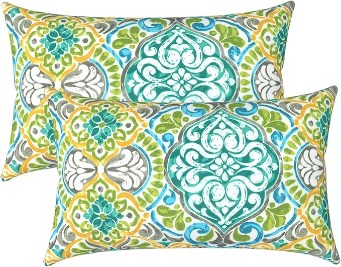 LVTXIII Outdoor/Indoor Lumbar Pillows, Decorative Patio Lumbar Cushions, Fluffy Water Repellent Garden Cushions for Home Patio Coach Sofa Use, 12×20 Inch, Pack of 2, Damask Green