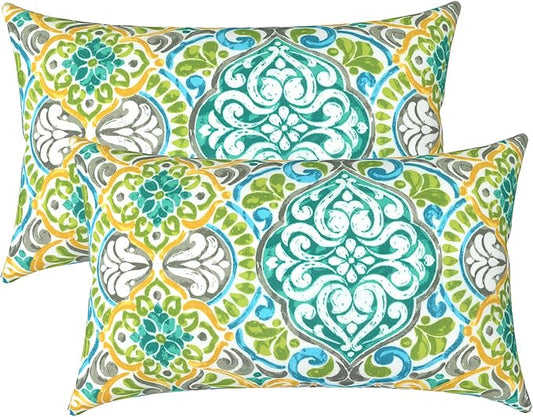 LVTXIII Outdoor/Indoor Lumbar Pillows, Decorative Patio Lumbar Cushions, Fluffy Water Repellent Garden Cushions for Home Patio Coach Sofa Use, 12×20 Inch, Pack of 2, Damask Green