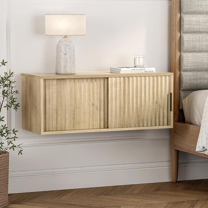 Fluted Floating TV Stand Set of 2, 30" Multi-Purpose Modern TV Display Shelf Console Entertainment Center Cabinet with Sliding Doors for Bedroom Living Room Entryway, Light Oak