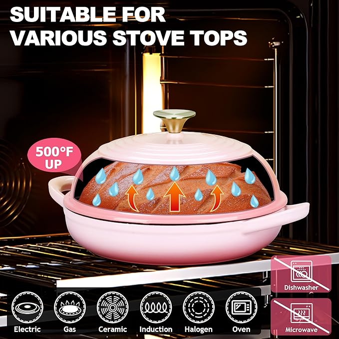 TeamFar Cast Iron Bread Dutch Oven, 6 Qt Enameled Dutch Oven Pot for Sourdough Bread Baking, with Tall Dome Lid & Round Base Pan, Self-Basting & Even-Heating, Heavy-Duty & Non-stick, Pink