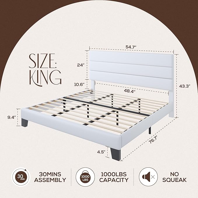 WEEWAY King Bed Frame Platform Bed with Velvet Upholstered Headboard and Wooden Slats Support, Heavy Duty Mattress Foundation, No Box Spring Needed, Easy Assembly, White