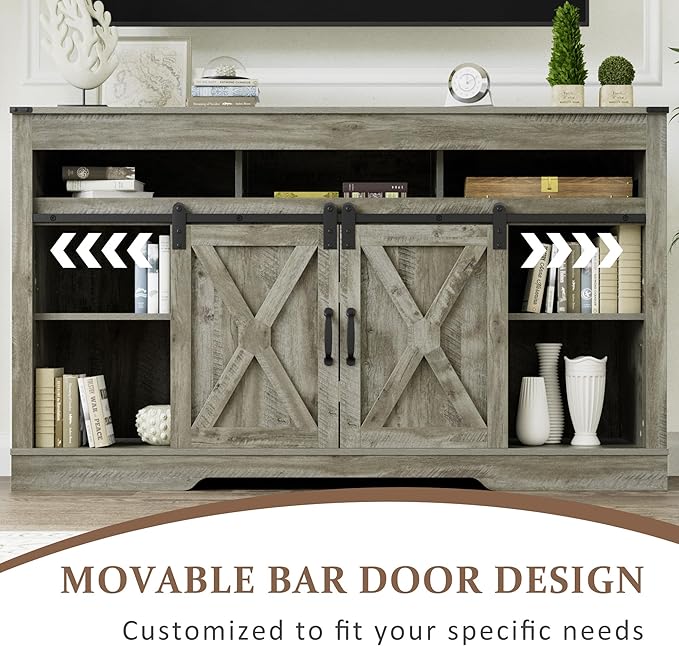 Farmhouse TV Stand for 65+ Inch TV, 34'' Tall Entertainment Center with Sliding Barn Doors, Rustic Wood Media Console Storage Cabinet Television Stand for Living Room, Bedroom Light Grey