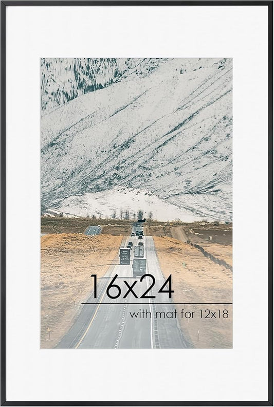 16x24 Frame | 16x24 Poster Frame With Mat For 12x18 | Metal Aluminum Picture Frame With Tempered Glass | Minimalist Modern Poster Frame | Hanging Hardware Included | Black