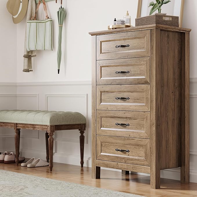 LINSY HOME 5 Drawers Dresser for Bedroom, Wood Tall Chest of Drawer with Metal Handle, Modern Farmhouse Dressers with Storage Organizer for Closet, Living Room, Hallway, Rustic Brown