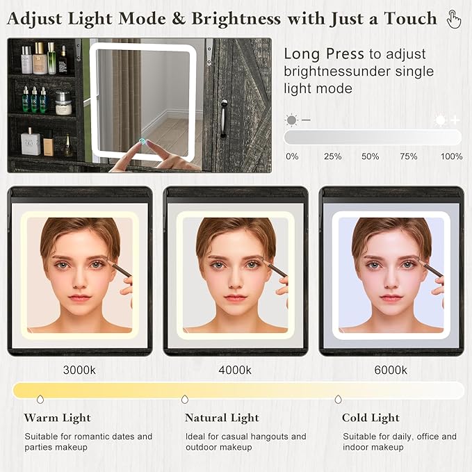 Farmhouse Makeup Vanity Desk with Sliding Mirror and Lights, 42" Glass Top Vanity Table with Charging Station & 4 Drawers & 2 Cabinets, Vanity Set for Bedroom, Dressing Table with Stool, Black