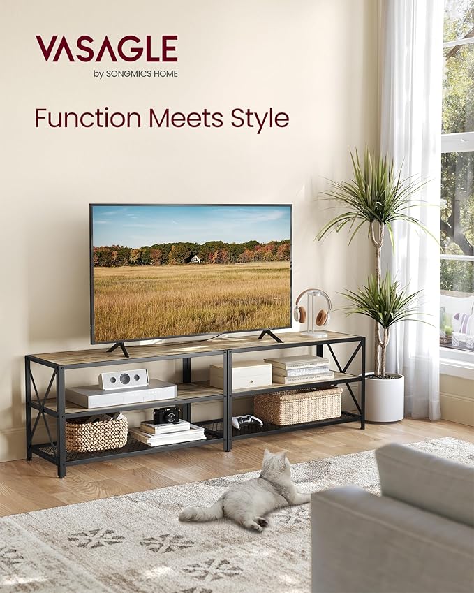 VASAGLE TV Stand, TV Console for TVs Up to 75 Inches, TV Table, 70.1 Inches Width, TV Cabinet with Storage Shelves, Steel Frame, for Living Room, Bedroom, Turquoise Brown and Black ULTV096B60