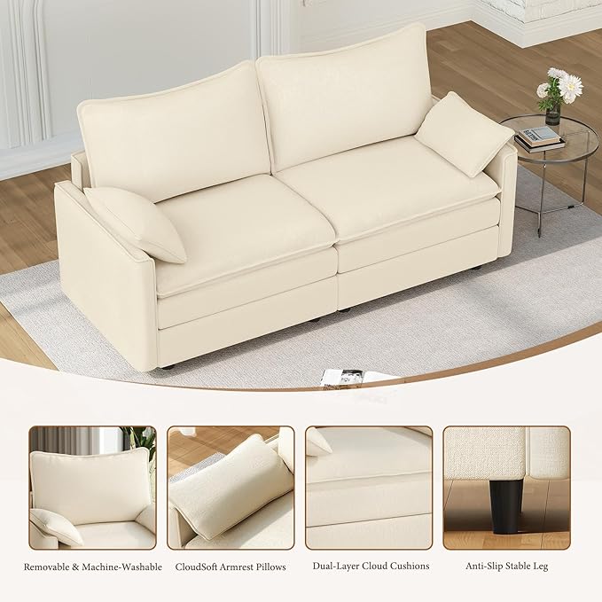 Vesgantti 74" Loveseat Sofa for Living Room, Comfy Cloud Couch Deep Seat Chenille Modern 2 Seater Small Sofa with Armrest Pillow, Easy Assembly for Small Spaces, Beige