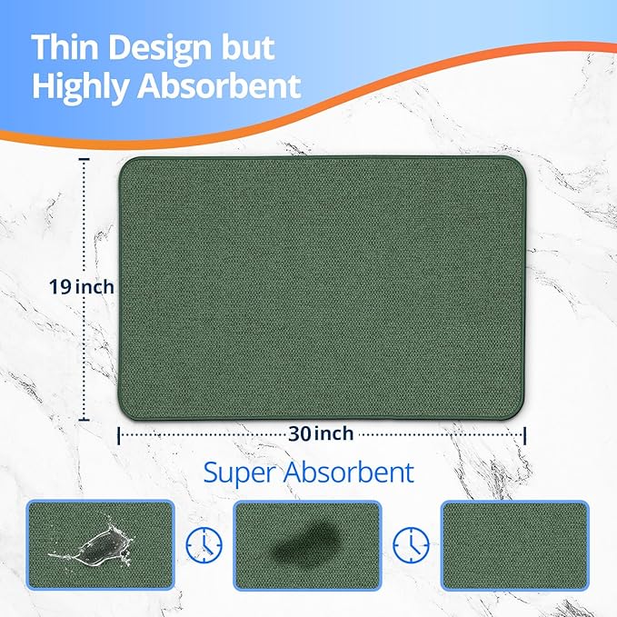 Upgraded Thin Bathroom Rugs, Bath Mat Super Absorbent, Bath Rugs Rubber Backing Non-Slip, Quick Dry Machine Washable, Cozy Cloth Bathroom Mat fit Under Door/Sink/ Bathtub/Shower/Kids 19''x30''-Green