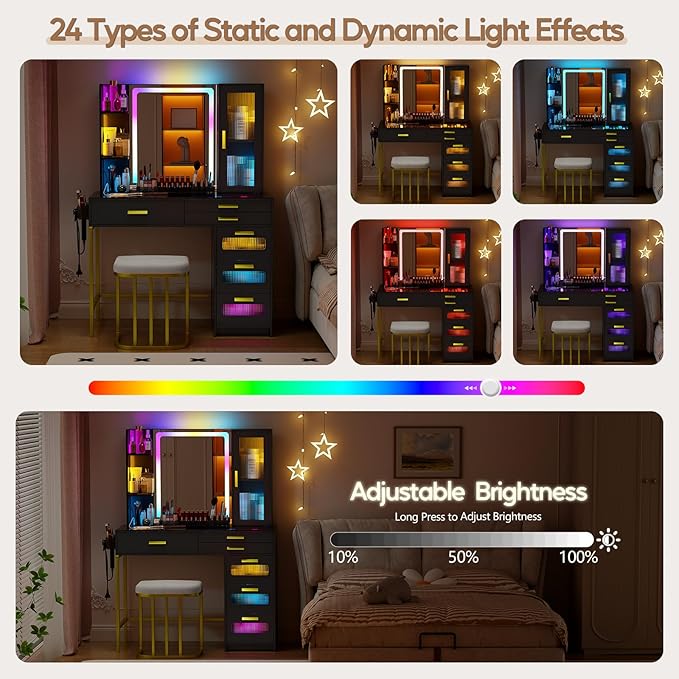 Vanity Desk with Mirror and RGB Lights，Glass top Makeup Vanity Table Set with Stool & Charging Station, Dressing Table with RGB Cabinet,6 Drawers,Lipstick Grid for Bedroom,Black