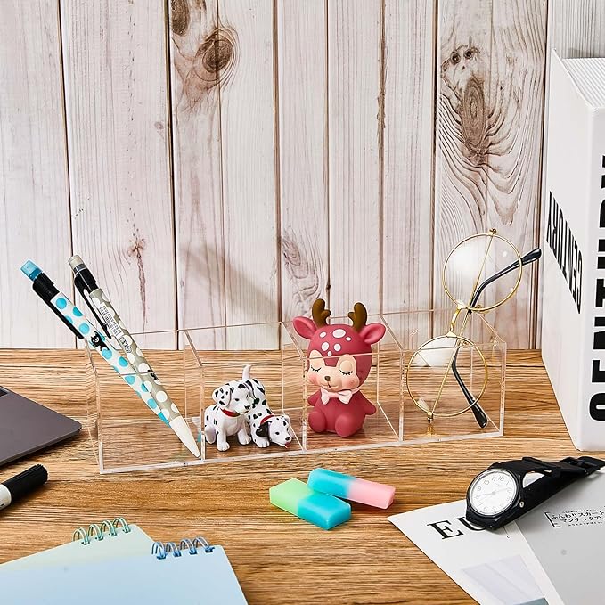 Epakh 2 Pieces 4 Compartment Acrylic Cube Organizer 4 Section Clear Acrylic Pencil Holder Small Drawer Organizer for Makeup Brush Crayon Desk Home Office Back to School Supplies